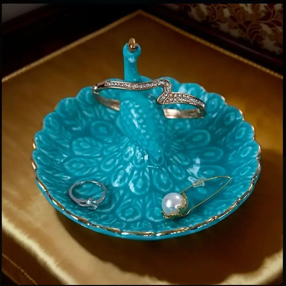 Ceramic Blue Peacock Jewelry Tray For Earrings, Rings, Necklaces And Bracelets